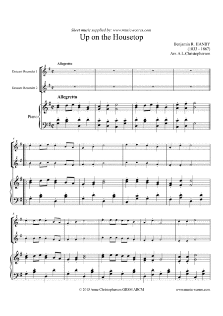 Up On The Housetop 2 Descant Recorders Piano Sheet Music