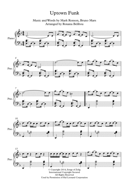 Uptown Funk By Mark Ronson Ft Bruno Mars Piano Sheet Music