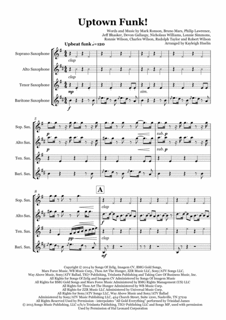 Uptown Funk By Mark Ronson Ft Bruno Mars Saxophone Quartet Satb Sheet Music