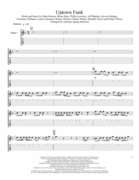 Uptown Funk Fingerstyle Guitar Quartet Sheet Music