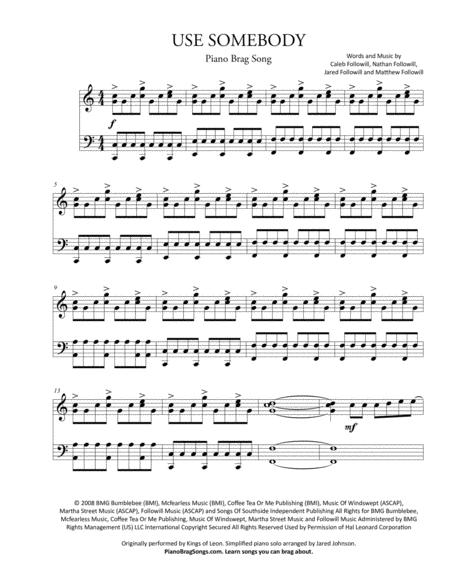 Use Somebody Simplified Piano Solo Kings Of Leon Sheet Music