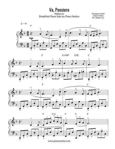 Va Pensiero Nabucco Easy Piano Solo Sheet Music