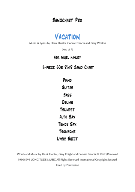 Vacation 60s R N R Band Chart Sheet Music