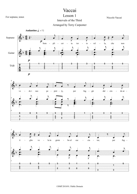 Vaccai Lesson 1 Intervals Of The Third For Soprano Or Tenor Voice And Guitar Sheet Music