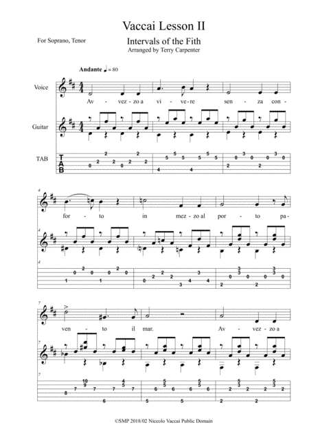 Vaccai Lesson 2 Intervals Of The Fith For Soprano Tenor Voice Guitar Sheet Music