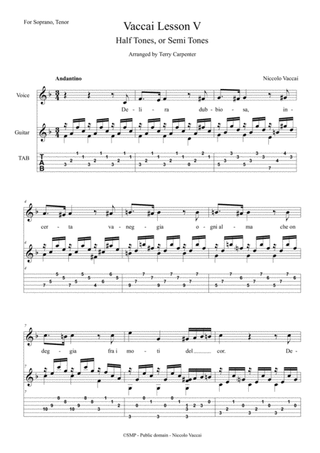 Vaccai Lesson 5 Half Tones Semitones For Soprano Tenor Voice Guitar Sheet Music