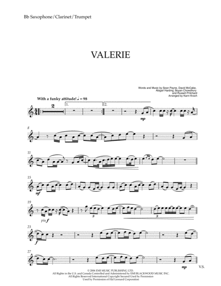 Valerie Concert Pitch Solo With Piano Accompaniment Sheet Music