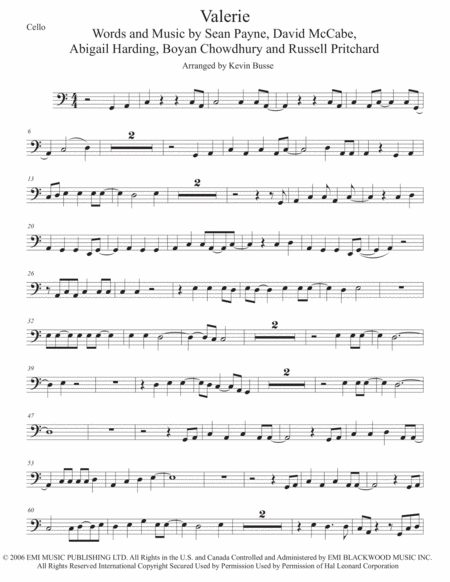 Valerie Easy Key Of C Cello Sheet Music