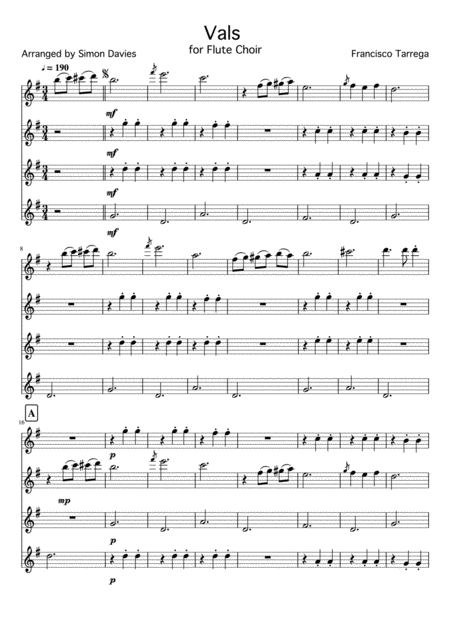 Vals Arranged For Flute Choir Sheet Music