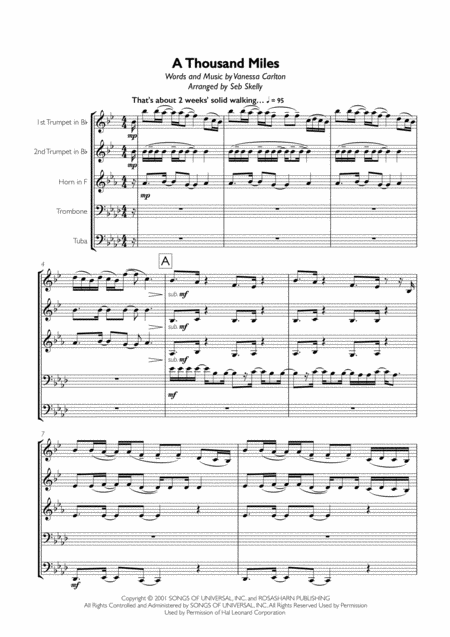 Vanessa Carlton A Thousand Miles For Brass Quintet Sheet Music