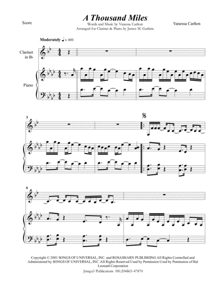 Free Sheet Music Vanessa Carlton A Thousand Miles For Clarinet Piano