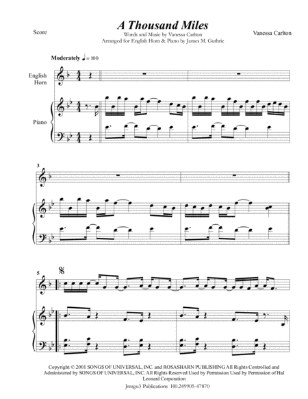 Free Sheet Music Vanessa Carlton A Thousand Miles For English Horn Piano