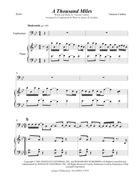 Vanessa Carlton A Thousand Miles For Euphonium Piano Sheet Music