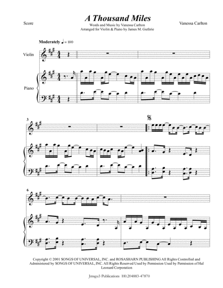 Free Sheet Music Vanessa Carlton A Thousand Miles For Violin Piano