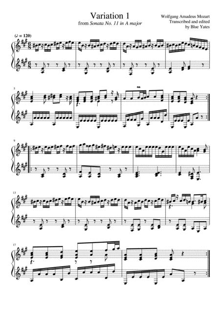 Variation 1 From Sonata No 11 In A Wolfgang Amadeus Mozart Sheet Music