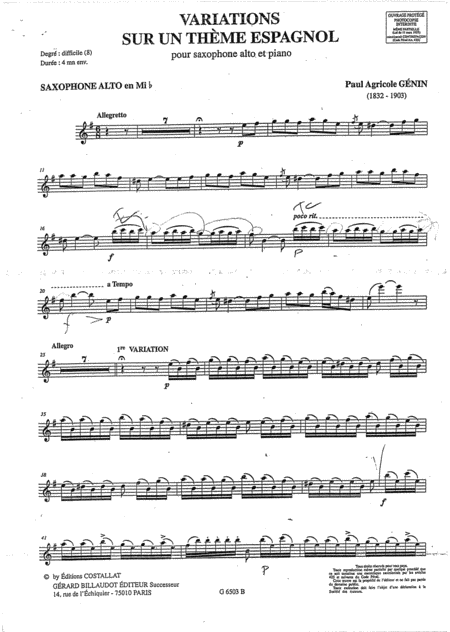 Variation Sur Un Theme Espagnol Paul Agricole Gnin Sax Alto Piano Sheet Music