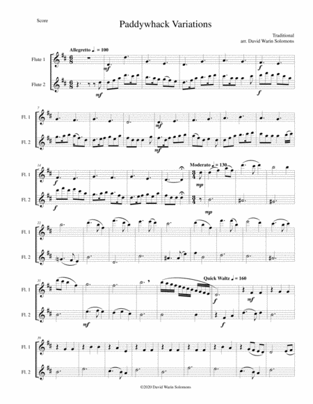 Variations For 2 Flutes On The Irish Folk Tune Paddywhack Sheet Music