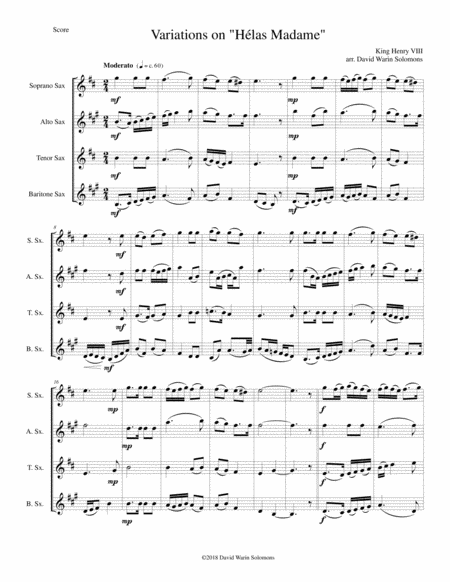 Free Sheet Music Variations For Saxophone Quartet On Hlas Madame Attributed To Henry Viii