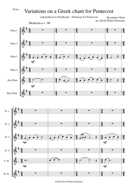 Variations On A Greek Chant For Pentecost For Flute Sextet Or Flute Choir Sheet Music