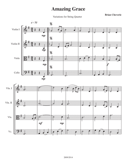 Variations On Amazing Grace For String Quartet Sheet Music