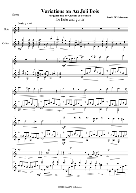 Free Sheet Music Variations On Au Joli Bois For Flute And Guitar