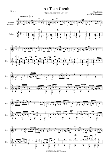 Variations On Au Toun Coenh For Soprano Recorder And Guitar Sheet Music