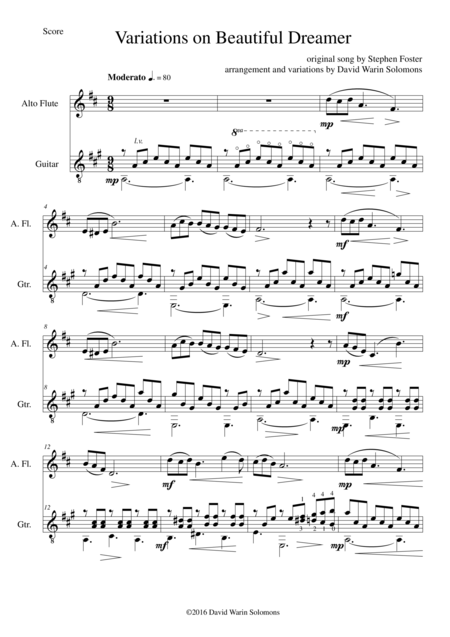 Variations On Beautiful Dreamer For Alto Flute And Guitar Sheet Music