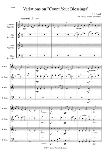 Variations On Count Your Blessings For Recorder Quartet Sheet Music