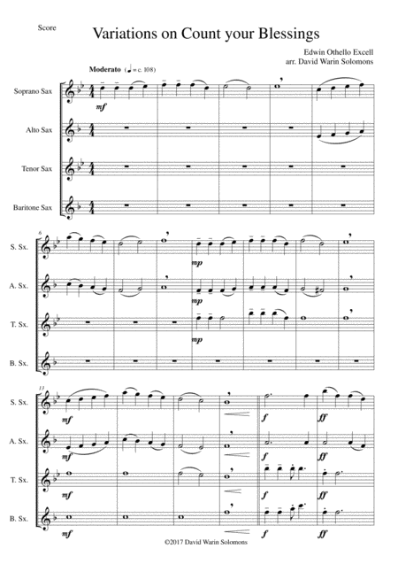 Variations On Count Your Blessings For Saxophone Quartet Sheet Music