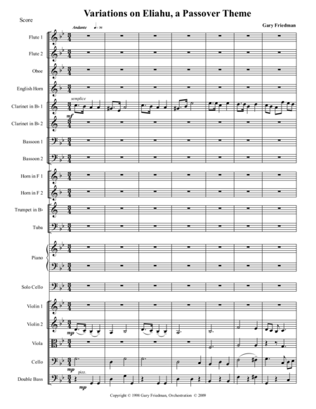 Variations On Eliahu A Passover Theme For Solo Cello And Orchestra Sheet Music