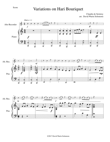 Variations On Hari Bouriquet For Alto Recorder And Piano Sheet Music