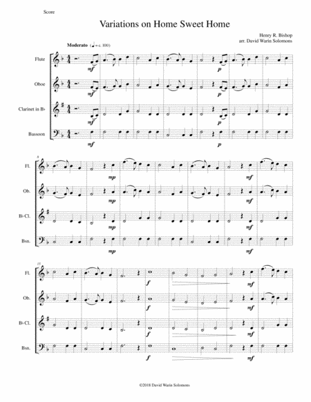 Free Sheet Music Variations On Home Sweet Home Theres No Place Like Home For Wind Quartet