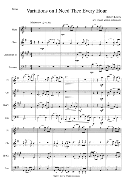 Variations On I Need Thee Every Hour For Wind Quartet Sheet Music