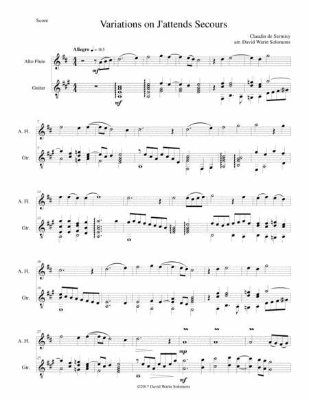 Variations On J Attends Secours For Alto Flute And Guitar Sheet Music