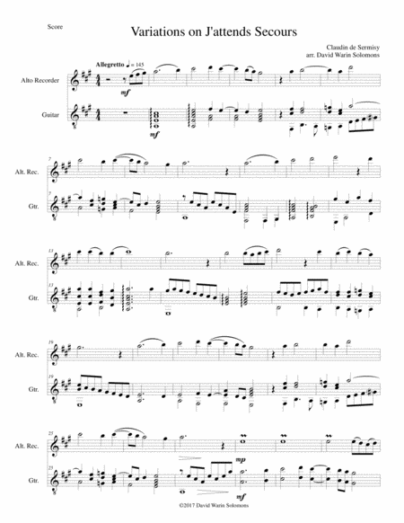 Free Sheet Music Variations On J Attends Secours For Alto Recorder And Guitar