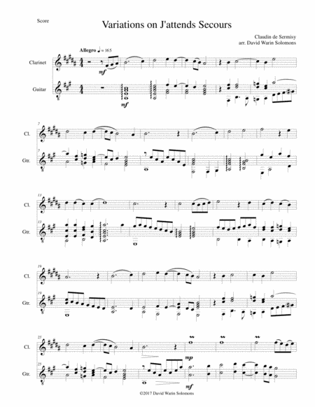 Free Sheet Music Variations On J Attends Secours For Clarinet And Guitar