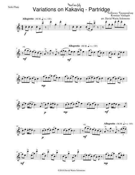 Free Sheet Music Variations On Kakaviq Partridge For Flute Solo