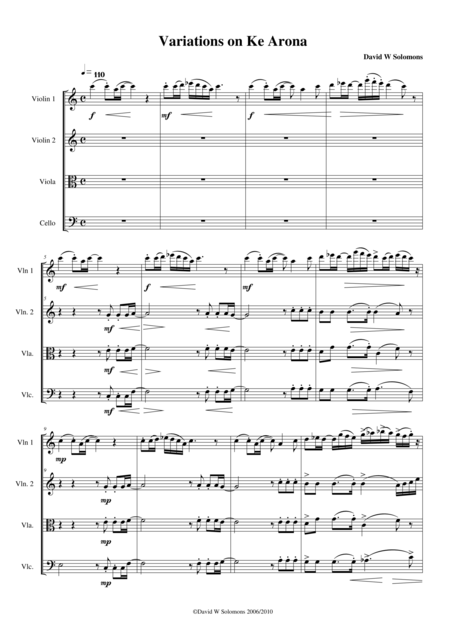 Free Sheet Music Variations On Ke Arona For String Quartet