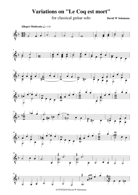 Variations On Le Coq Est Mort For Guitar Solo Sheet Music