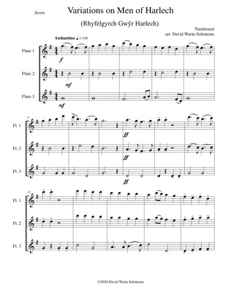 Variations On Men Of Harlech Rhyfelgyrch Gw R Harlech For Flute Trio 3 C Flutes Sheet Music