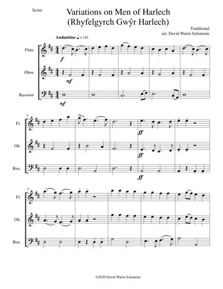 Free Sheet Music Variations On Men Of Harlech Rhyfelgyrch Gw R Harlech For Wind Trio Flute Oboe Bassoon