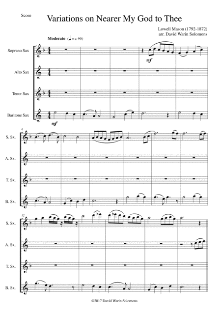 Variations On Nearer My God To Thee Bethany For Saxophone Quartet Sheet Music