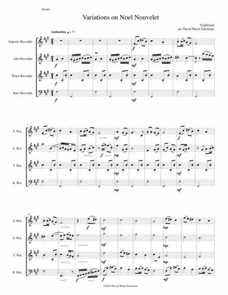 Variations On Noel Nouvelet For Recorder Quartet Sheet Music