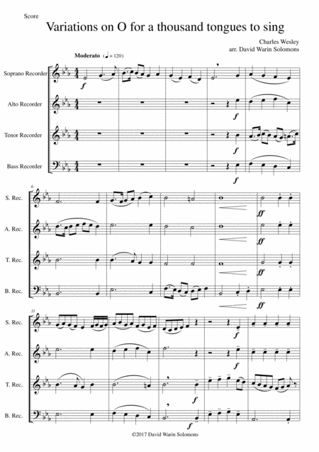 Variations On O For A Thousand Tongues To Sing For Recorder Quartet Sheet Music