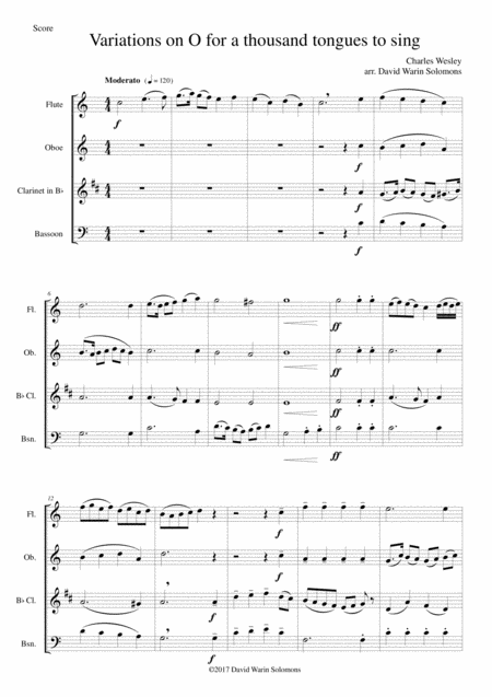 Variations On O For A Thousand Tongues To Sing For Wind Quartet Sheet Music