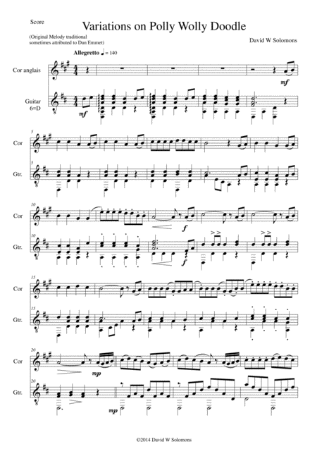 Free Sheet Music Variations On Polly Wolly Doodle For Cor Anglais And Guitar