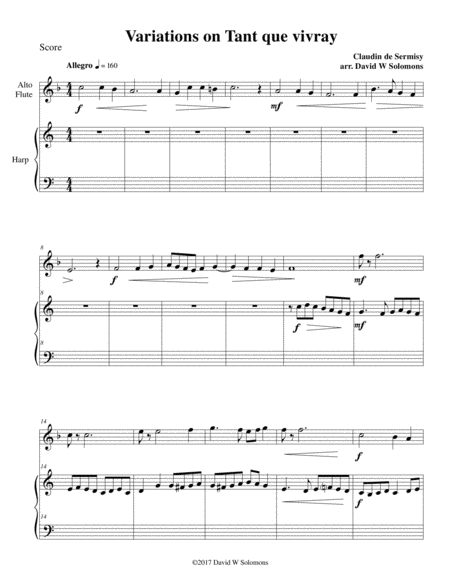 Variations On Tant Que Vivray For Alto Flute And Harp Sheet Music