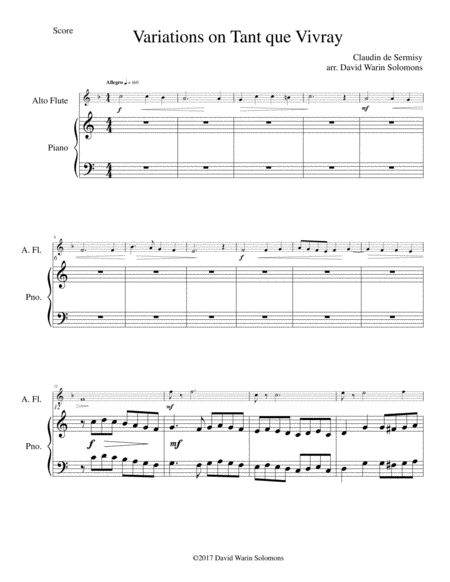 Variations On Tant Que Vivray For Alto Flute And Piano Sheet Music