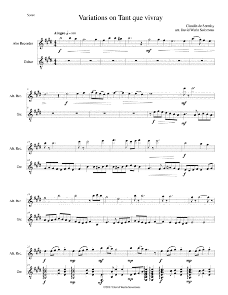 Free Sheet Music Variations On Tant Que Vivray For Alto Recorder And Guitar