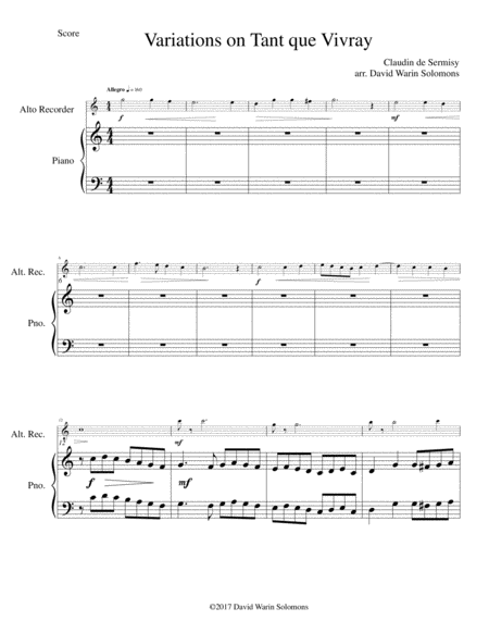 Free Sheet Music Variations On Tant Que Vivray For Alto Recorder And Piano